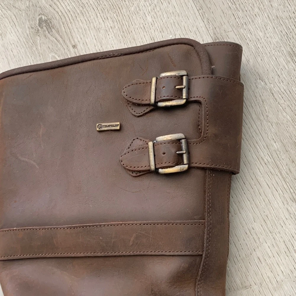 Traveling brown leather boots size 46 moto distressed‎ zipper buckle work farm